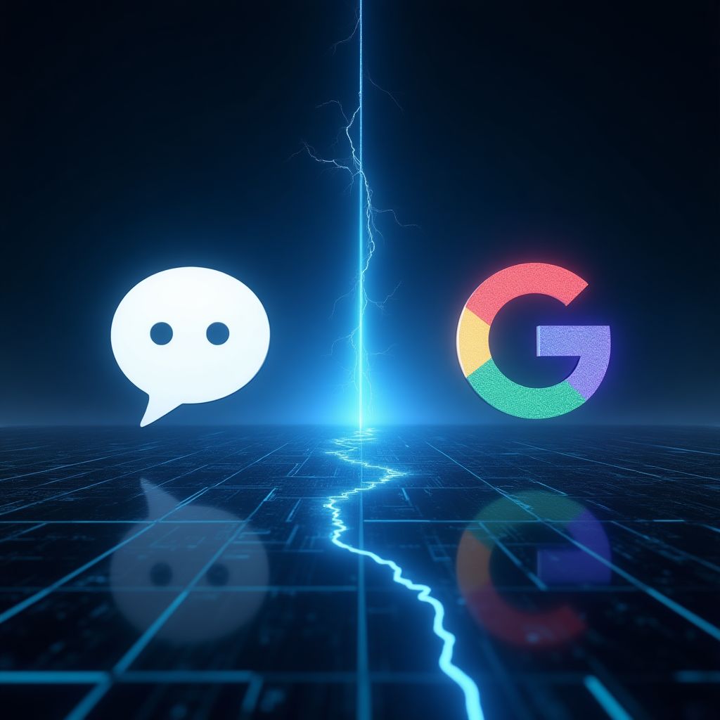 ChatGPT ve Google arasındaki dijital savaşı gösteren fütüristik görsel